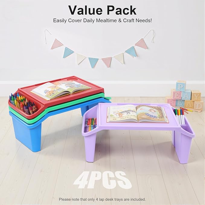 Mind Reader Kids Lap Desk, 4 PCS Kids Lap Desk Bulk Tray Lap, Portable Activity Tray with Side Storage, Stackable Plastic Desk Table for Students Drawing, Snacks, Study (Colorful, Large)
