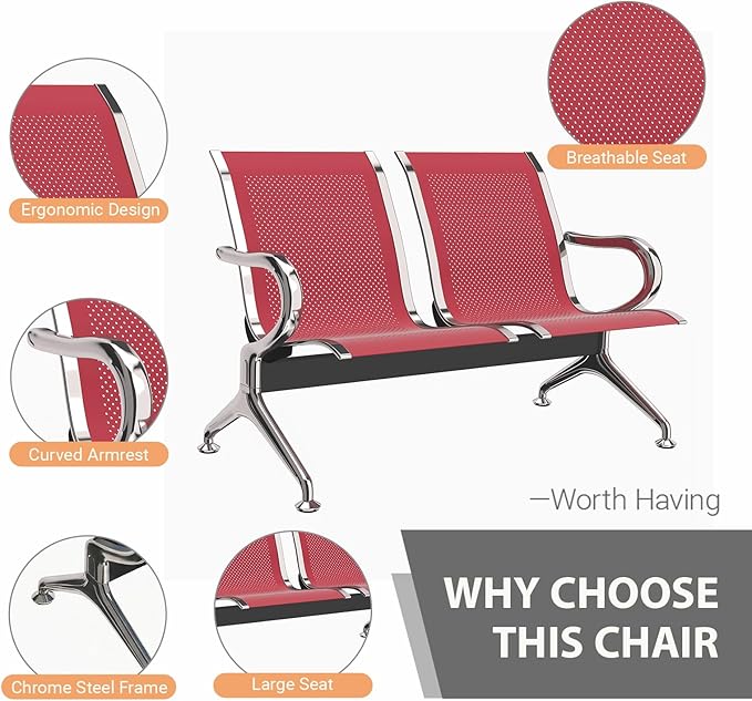 Kinfant 2-Seat Waiting Room Chair - Office Guest Reception Chairs with Ergonomic Backrests, Airport Waiting Bench with Armrests, Metal Waiting Furniture for Hospital, Bank (Dark Red, Set of 3)