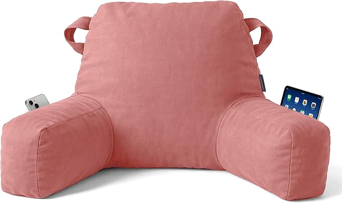 Unisakey Portable Comfy Reading Pillows for Bed Sitting Up(Dark Pink Oeko-Tex), Velvet Back Pillow with Arms & Pockets for Adults, Support Memory Foam Bed Pillow for Dorm/Reading/Watching/Gaming