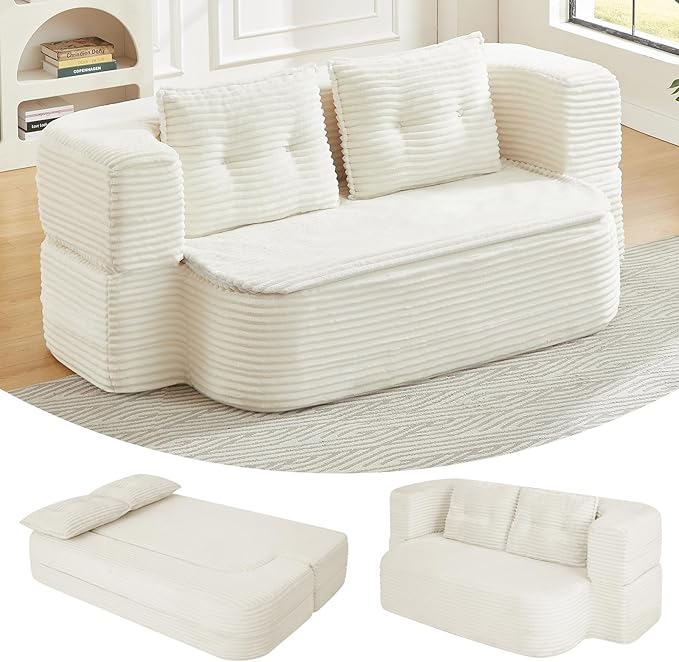 78.4" Convertible Sleeper Sofa Bed, Floor Couch Loveseat with Functional Blanket and 2 Soft Pillows,Corduroy Fabric Boneless Futon Couch for Living Room,Bedroom,Apartment(Beige)