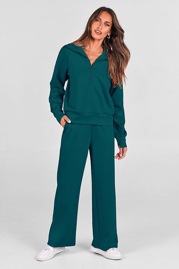 PRETTYGARDEN Women's 2 Piece Outfits Casual Lapel Half Zip Sweatshirts and Wide Leg Pants Tracksuit Sets