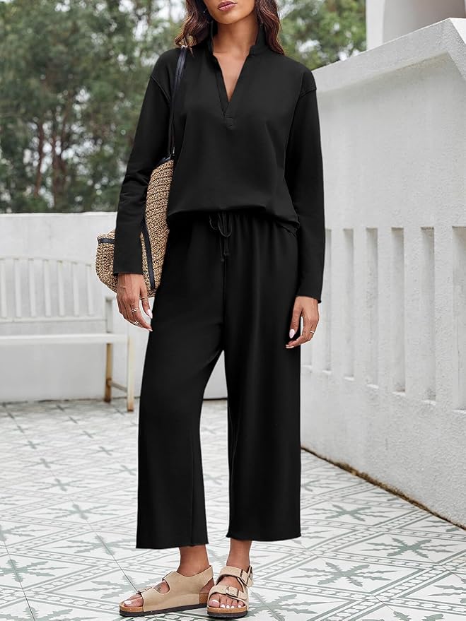 Imily Bela Womens 2 Piece Outfits Sweatsuit Long Sleeve Lapel V Neck Shirt and Wide Leg Pants 2025 Fall Trendy Tracksuit