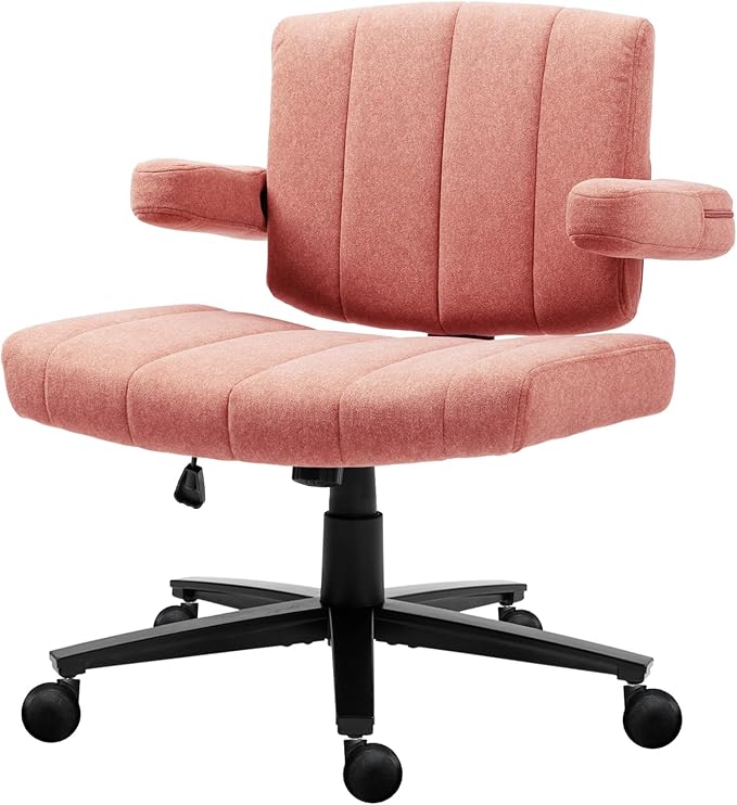 Vigosit Pink Criss Cross Office Chair with Wheels, Ergonomic Wide Seat Vanity & Dressing Table Chair, Adjustable Arms Swivel Rolling Desk Chair for Women, Comfortable Cross-Legged Support