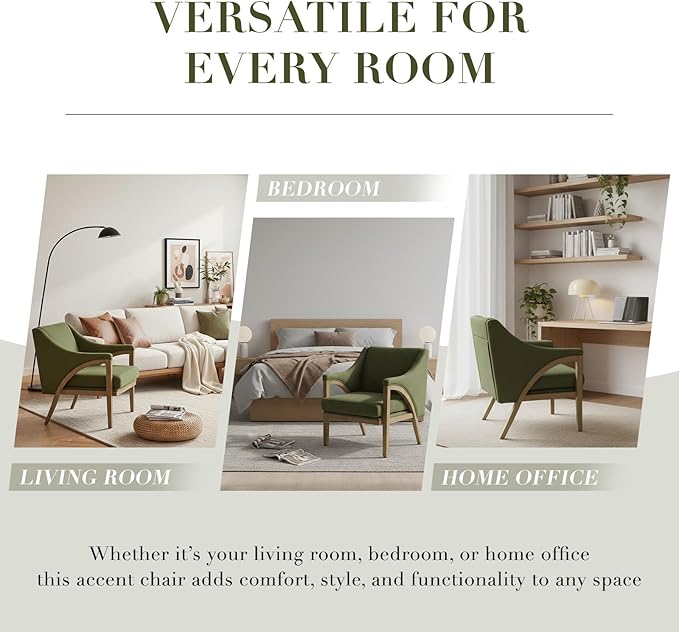 CIMOTA Mid Century Modern Accent Chair with Barrel Back, Upholstered Armchair Comfy Reading Chair with 4" Thick Cushion, Solid Wood Legs for Living Room/Bedroom/Reading Corner, Linen Fabric, Green
