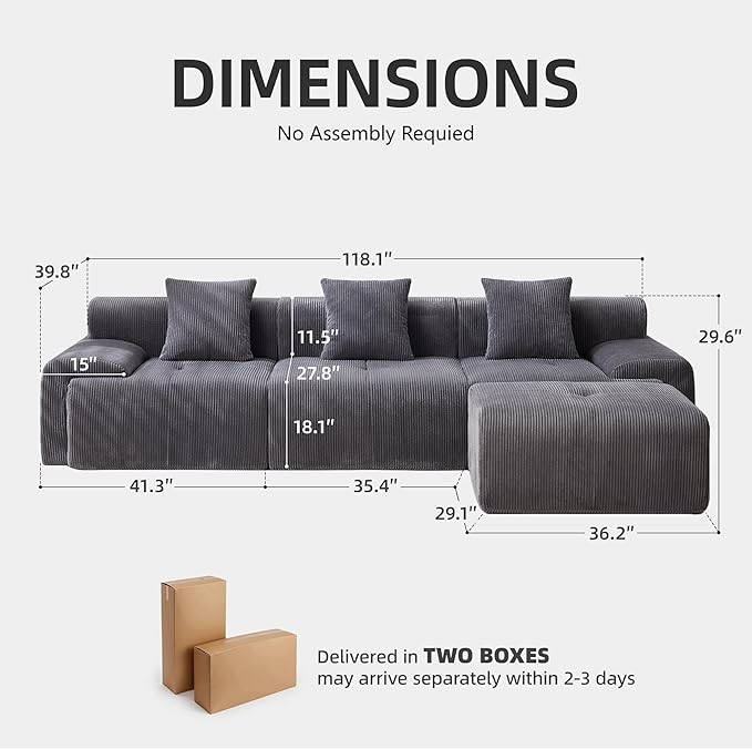 118" Modular Sectional Sofa, Cloud Sectional Couch with Chaise,Modern Boneless L-Shaped Sofas with Deep Seat, Upholstered Comfy Couches for Living Room, No Assembly Required, Plush Corduroy, Deep Gray