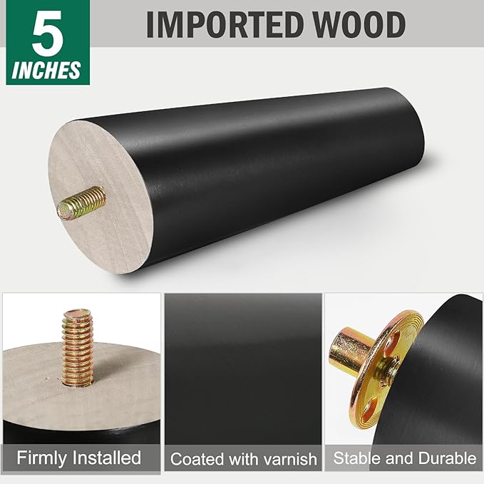 FoDau770 Black Rubber Wood Furniture Legs 5 Inches, Slant Tapered Wood Feet Mid Century Sofa Legs Set of 4, 5/16" UNC Furniture Feet Replacement Parts for Cabinet Couch Dresser Chair Ottoman Table