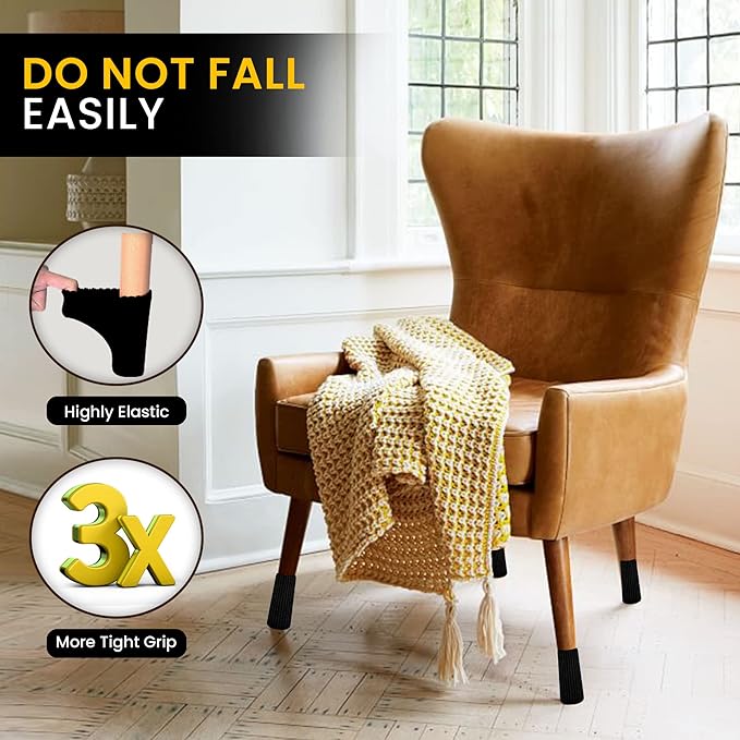 24 Pcs Black Premium Chair Leg Socks Protectors for Hardwood Floors - Do not Easily Fall Off - Very Easy to Put on - Fits All Leg Shapes - High Elastic Bar Stool Leg Covers - Furniture Pads