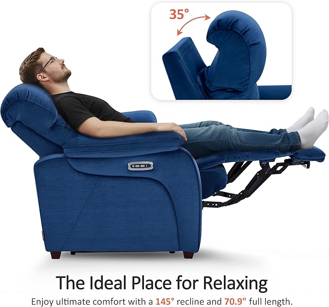 MCombo 61.6'' Wall Hugger Power Loveseat Recliner, Reclining Loveseat with Adjustable Headrest, USB Charge Ports, Wood Legs for Living Room, RVs, Small Spaces, Fabric ST258M1 (Loveseat, Navy Blue)