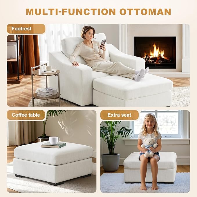 ELUCHANG 47" Oversized Single Sofa with Ottoman, Upholstered Chaise Lounge Comfy Sleeper Chair with Soild Wood Frame, Deep Seat Sofa Couch for Living Room Bedroom Apartment, Linen, White