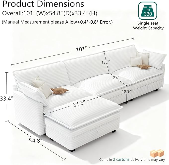 Modular Sectional L Shaped Sofa Couches with Storage Ottoman, Cloud Couch for Living Room, Comfy Sofa with Pillow, White