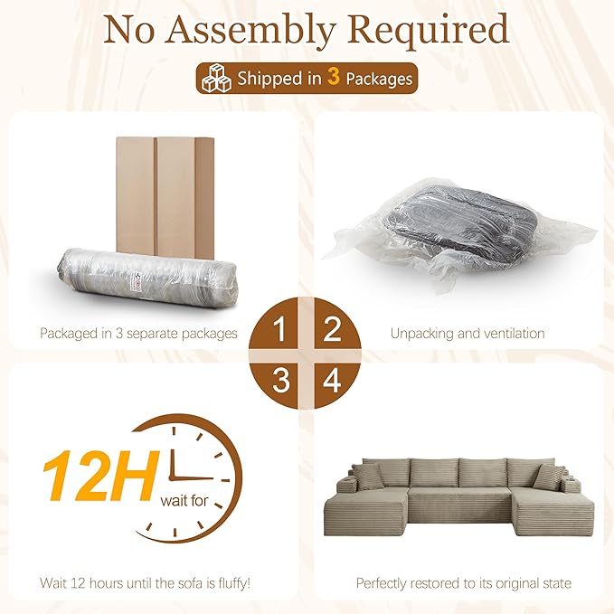 134 Inch Modular Sectional Sleeper Sofa, Boneless Cloud Couch for Living Room, U Shaped 5 Seat Sofa with 2 Storage Pockets& 2 Cup Holders, Free Combination, No Assembly Required