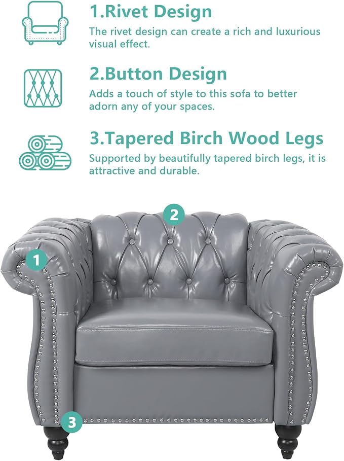 QHITTY Accent Chair, Chesterfield Chair Modern Leather Upholstered Chairs with Tufted Back for Living Room Furniture (Grey)