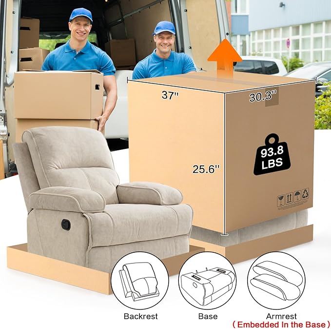 KeyEnergy Manual Rocker Recliner Chair for Adults, High Back Glider with Deep Seat, Upholstered Fabric Armchair for Living Room & Nursery, Beige