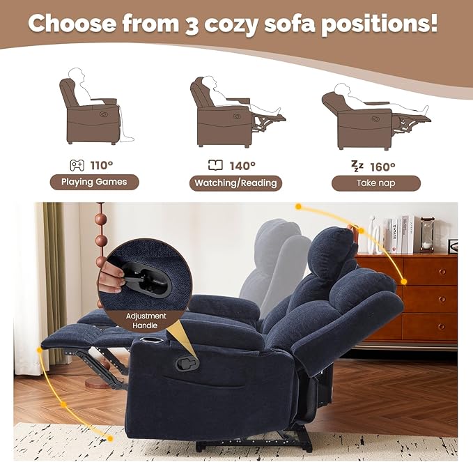 PALLOME Chenille Reclining Sofa 3-Seater with Convertible Table, Storage Ottoman & Cup Holders | Modern Space-Saving Couch, Ergonomic Living Room Furniture (Blue)