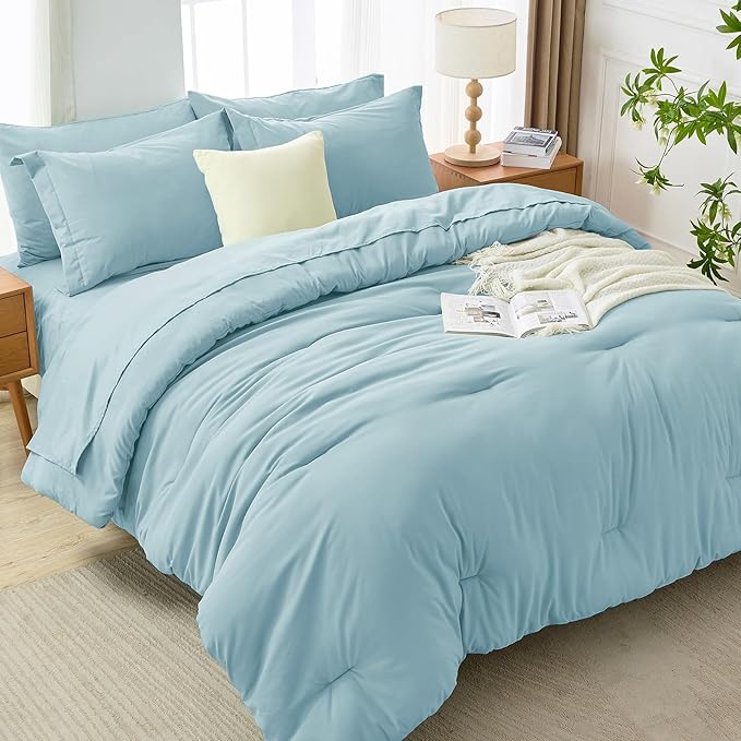 MUXHOMO 7 Pieces King Comforter Set, Soft Bed in a Bag King Size, All Season Bedding Set with Comforter, Flat Sheet, Fitted Sheet, Pillowcases & Shams, Lake Blue