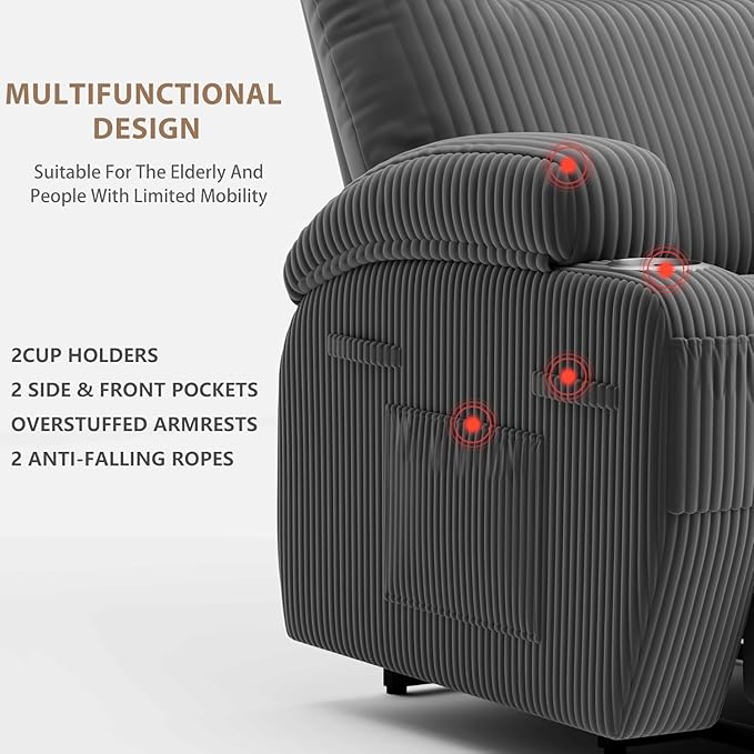 Flamaker Power Lift Chair Massage Recliner Chairs for Elderly, Corduroy Ergonomic Design with Cup Holders & Side Pockets, Remote Control (Dark Gray)