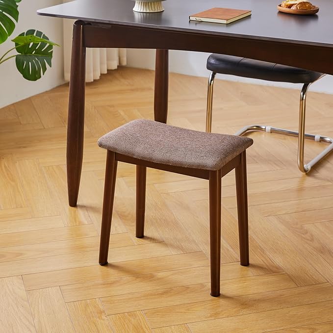 IBUYKE Saddle Cushion Vanity Stool Chair, Foot Rest Stool with Solid Wood Legs, Modern Vanity Bench Ottoman for Piano, Upholstered Seat for Bedroom, Entryway, Walnut Legs&Brown Linen WBD007HC