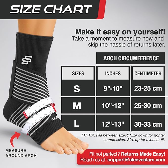 Sleeve Stars Ankle Brace for Women & Men, Ankle Wrap for Sprained Ankle, Compression Sleeve for Plantar Fasciitis Relief, Easy Customizable Support: w/Removable Strap (Single/S:9"-10"/Black)