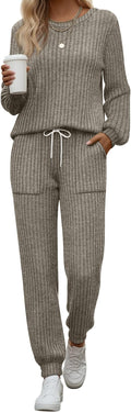 Sweetyweee Women's Ribbed Knit Lounge Sets 2 Piece Outfits Long Sleeve Pajamas Set Loungewear Sweatsuits Fall Pjs with Pocket