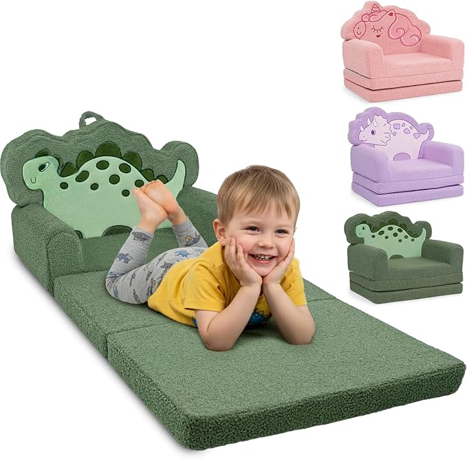 TinyPalsa Kids Couch, Convertible Sofa to Lounger Fold Out, Green Dinosaur Design Chair for Toddlers 1-3, Gift for Movie Night, Camping, and Napping