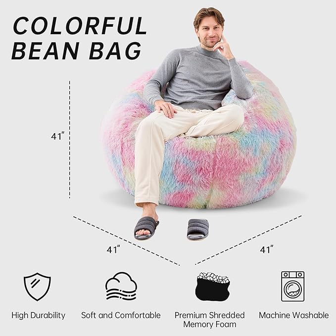 Rainbow Bean Bag Chair - Giant Bean Bag Chairs for Adults and Kids - Oversized Bean Bag Sofa Couch with Filler - Faux Fur BeanBag Furniture for Living Room Bedroom Dorm Office - 41inch