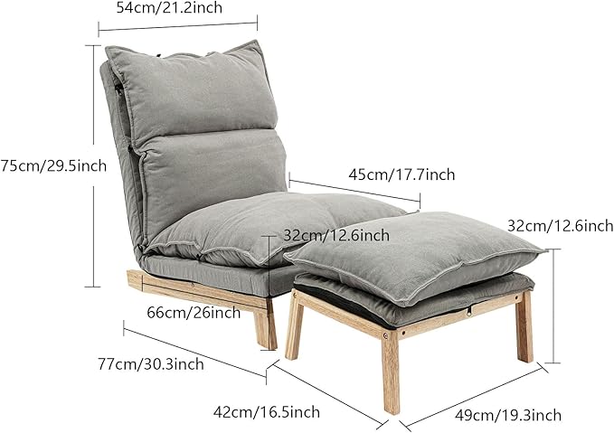 Single Lazy Leisure Chair, Adjustable Recliner Balcony Reclining Japanese Tatami Chair with Ottoman, Floor Seating Lounge Chair with Backrest and Footrest, Upholstered Chair for Living Bedroom (Grey)