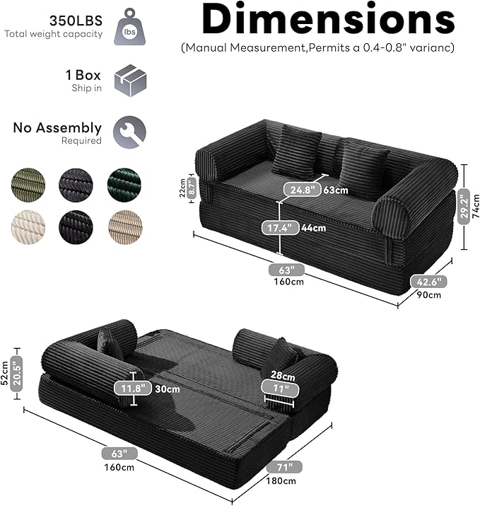 Tbfit 63'' Folding Boneless Couch, Convertible Loveseat Sofa Bed, Corduroy Futon Mattress Sleeper Sofa, Comfy Foldable Upholstered Floor Couches for Living Room, Black