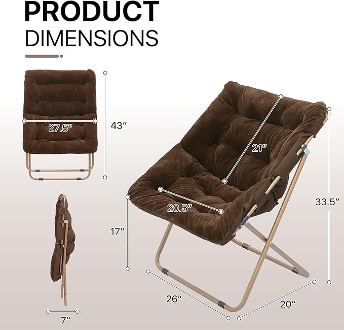 Athena Collection Saucer Chair for Adult, Square Comfy Cozy Chair Folding Chair Faux Fur Metal Frame Foldable Reading Chair Accent Chair for Bed Room Living Room, Brown