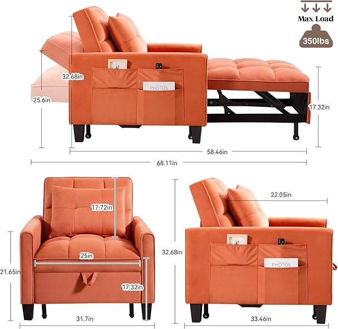 choairy Convertible Sleeper Chair, 3 in 1 Sleeper Chair Bed Pull Out Sofa Bed Chair, Velvet Single Sofa Bed Adjustable Backrest Chair Bed Sleeper for Adults Reading Living Room, Bedroom, Orange