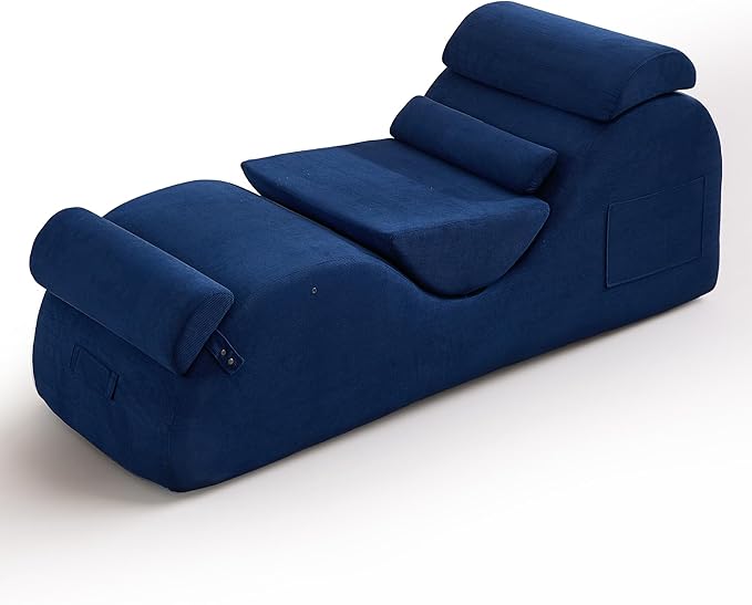 DRMBOOK Yoga Chairs for Adults, Corduroy Fabric Chaise Lounge with Headrest, Boneless Yoga Sofa Couch with Waist Cushion, Movable Footrest, Side Pockets for Relaxation Exercise Stretching (Blue)