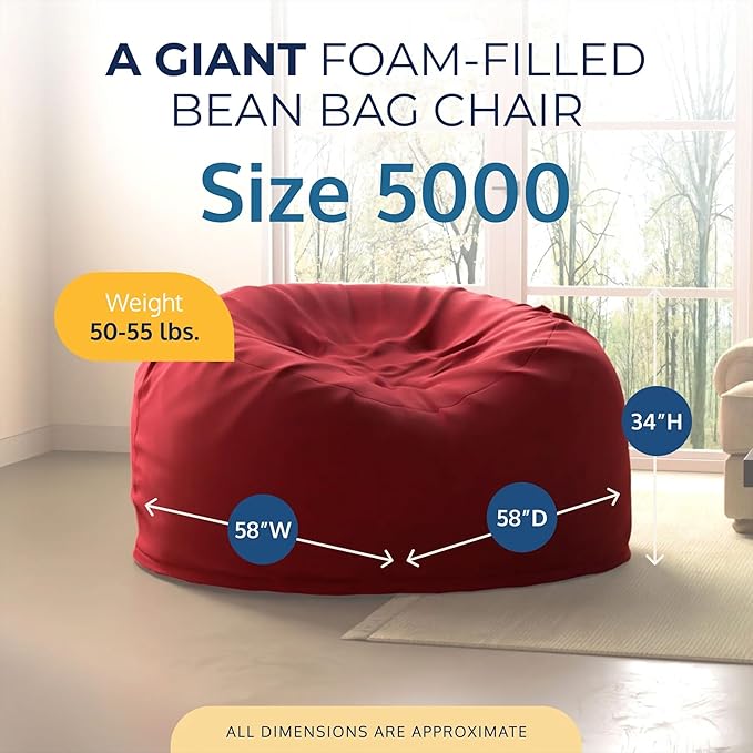 ULTIMATE SACK 5000 5-Foot Bean Bag Chair, Burgundy Suede Cover – Oversized Foam Lounger, Floor Seat, Small Sofa, or Couch Bed for Living Area, Gaming Room, or Reading Lounge