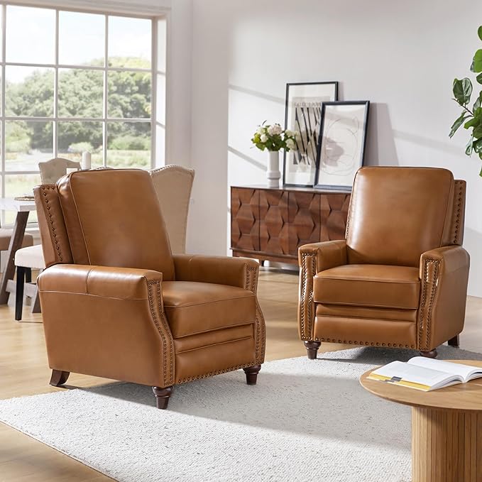 HULALA HOME Genuine Leather Recliner Chair, Classic Push Back Manual Recliner Armchair with Thick Seat and Backrest for Bedroom Living Room Reading Home Relax Office(Camel)