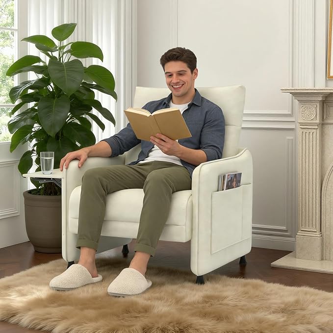 Tbillionnext Upholstered Accent Sofa, Modern Faux Leather Sofa Chair with Hidden Foldable Tray & Side Pocket, Rear Contour Arm Design, Small Accent Sofa for Bedroom, Beige