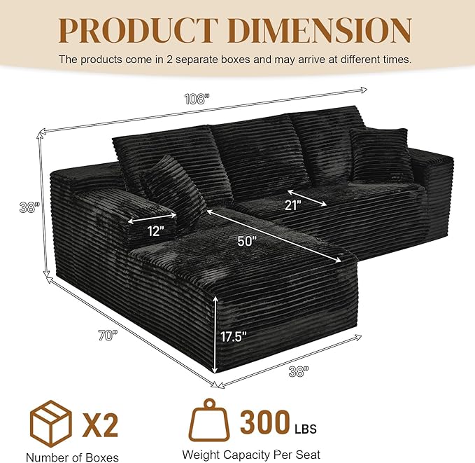 108" Boneless Cloud Sectional Couches for Living Room, Comfy Fluffy L Shaped Memory Foam Deep Seat Boneless Couch, Modular Sectional Sofa with Left Facing Chaise, Black