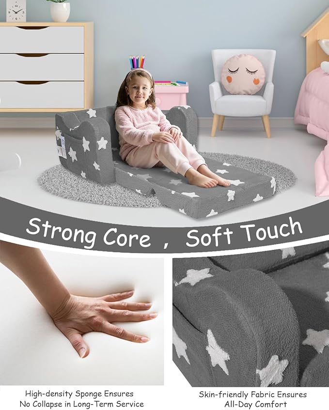 Toddler Couch, Kids Couch for Toddler Fold Out, 2-in-1 Convertible Kid Sofa to Lounger Bed for Girls and Boys, Ideal for Reading Sleeping Gaming Decor (Gray)