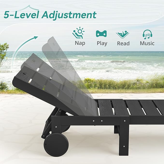 Outdoor Chaise Lounge Chairs, 26.8” Super Wide Lounge Chair Outdoor, HDPS Pool Chairs with 5 Positions, Patio Lounge Chair with Wheels for Pool,Lawn,Backyard, Black