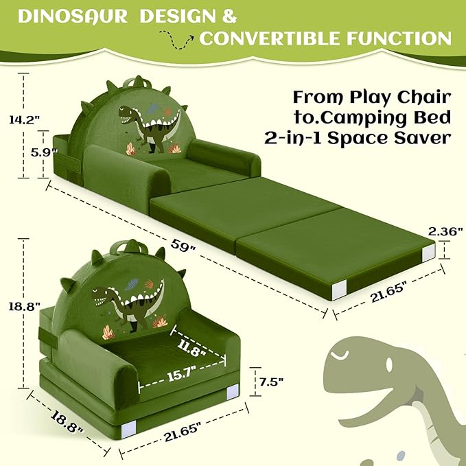 ORWIPO Dinosaur Kids Sofa Bed with Removable Washable Cover & Hook and Loop Backrest – Foldable Toddler Chair, Cozy Crystal Velvet Furniture for Playtime, Naps & Travel (Dark Green, Dino Design)