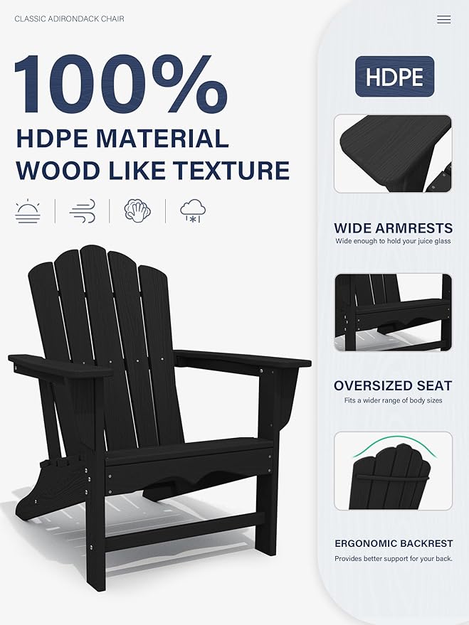 KINGYES HDPE Adirondack Chair, Classic All-Weather Adirondack Chair, Black