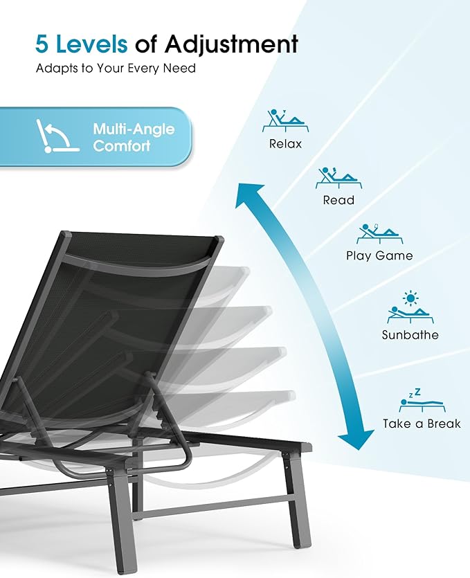 Ciokea Aluminum Outdoor Lounge Chair Set of 4- No Assembly Needed, Foldable Patio Chaise Lounge with 5 Adjustable Positions, Reinforced Frame for Extra Durability, Pool Beach Lounge Chair,Black