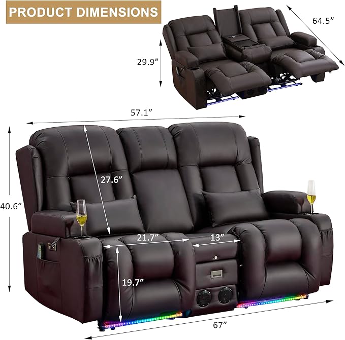 URRED Loveseat Recliner Sofa with Massage and Heat, Power Reclining Loveseat Sofa RV Couch with Console, Home Theater Seating with LED Lights, Bluetooth Speaker, USB, Outlets, Faux Leather, Dark Brown