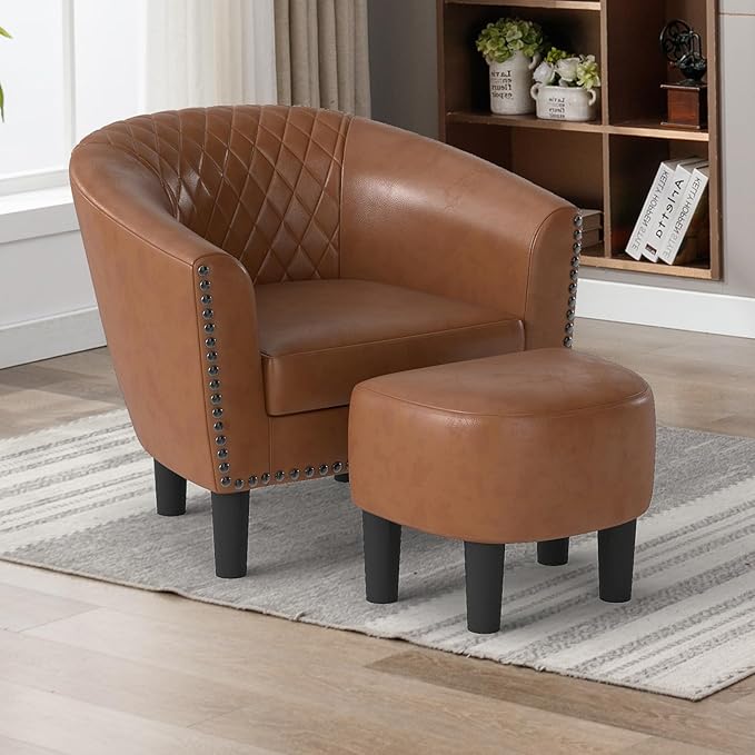 INZOY Modern Accent Chair with Ottoman for Small Space, Club Chair with Ottoman Set, Comfy PU Leather Barrel Reading Chairs for Living Room Bedroom, Round Reading Chair with Foot Rest, Light Brown