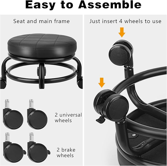 Low Roller Stool Low Height Rolling Stool Seat PU Leather Small Chair Foot Stool Round Rolling Stools for Home Office Garage Shop (Black)