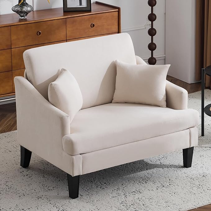 Bezseller Oversized Accent Chair, 33.5'' Wide Seat Comfy Armchair with 2 Pillows, Upholstered Big Reading Chair, Modern Single Sofa Chair for Living Room Bedroom Apartment Office, Beige