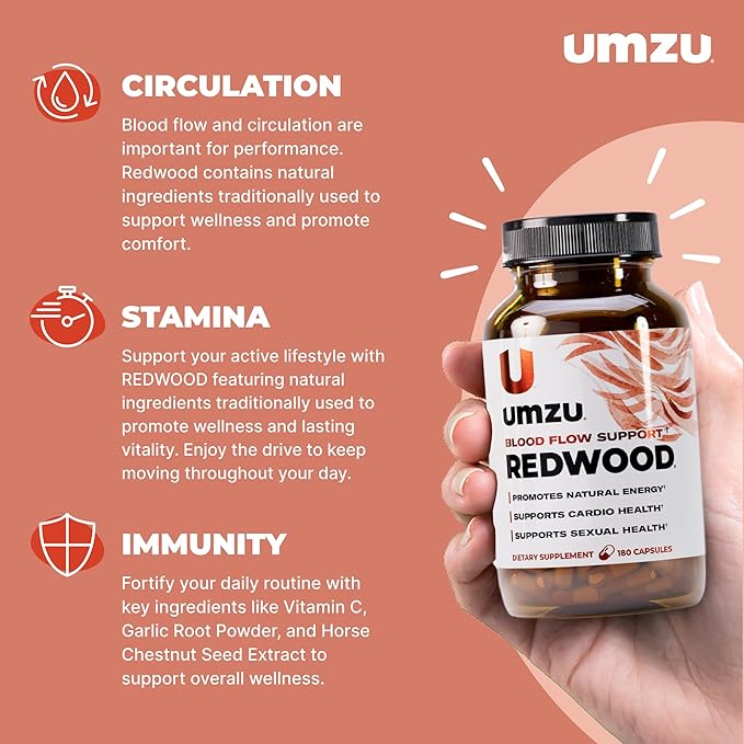 UMZU Redwood Nitric Oxide Booster, 3-Month Supply – Nitric Oxide Supplement with Vitamin C, Garlic & Horse Chestnut – Supports Healthy Circulation, Blood Flow, Energy, Stamina and Daily Vitality