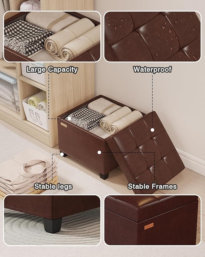 ABHENG 17.7 inches Synthetic Leather turfed Ottomans Cube with Storage, Metal-Framed Square Storage Ottoman Foot Rest Stool Holds 770 LB for Dorm Living Room Bedroom Brown UASND63R