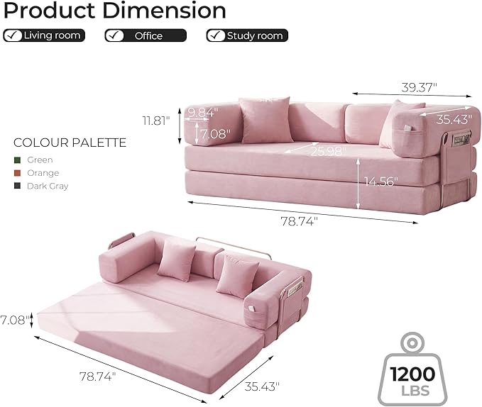 79" Convertible Sofa Bed with Pillows, Corduroy Folding Sleeper Sofa with Fixed-Shape Frame, Boneless Couch for Living Room Bedroom, Floor Sofa Lounge No Assembly Required (A - Style - Pink)