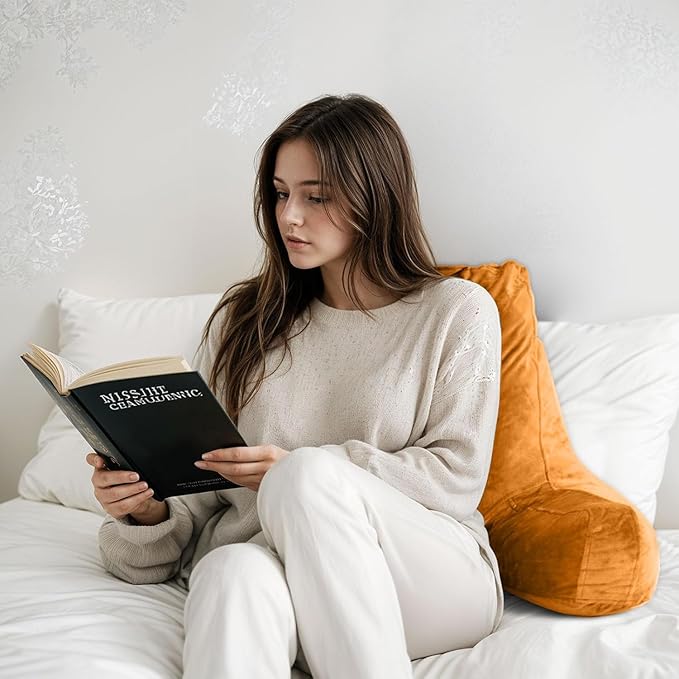 OAISZ Reading Pillow for Sitting in Bed Adult, X-Large Reading Pillow with Shredded Memory Foam, Back Pillow for Sitting Up with Extend Arms, Pockets, Bed Pillow with Washable Cover, Orange