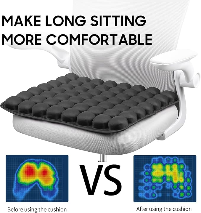 Inflatable Seat Cushion with Built-in Pump - Adjustable 3D Air Travel Cushion for Airplane, Car, Wheelchair - Portable Black Chair Pad for Long Flights, Driving, 17.7x15.7 Inches Black