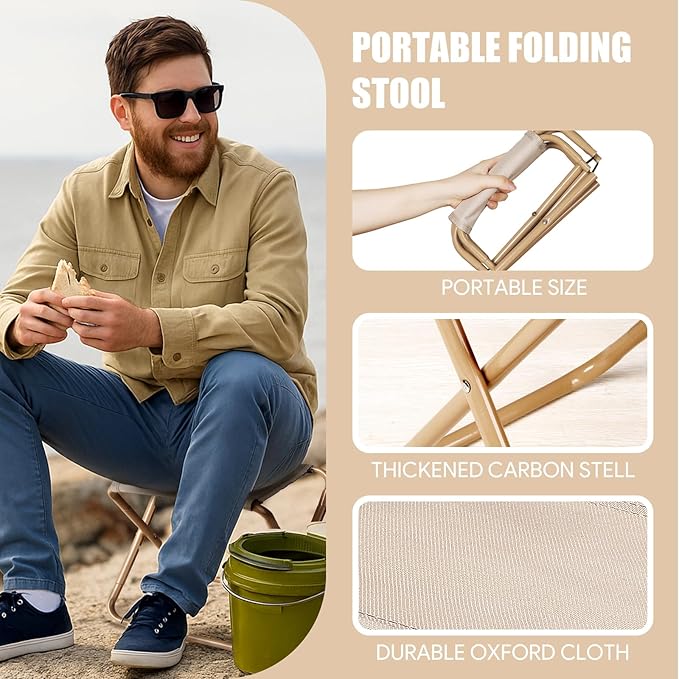 CHENEDY Camping Stool, Portable Folding Stool with Carry Bag, 12in Portable Folding Chair Collapsible Camp Stool Outdoor Footstool for Travel Walking Hiking Fishing Picnic Barbecue (Khaki)