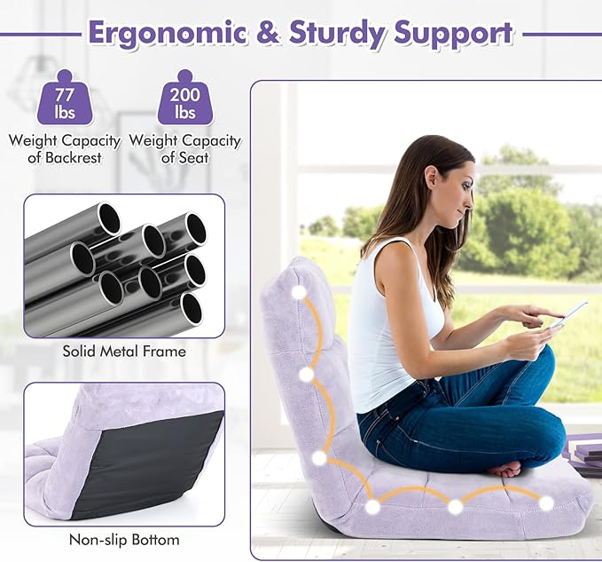 GOFLAME 14-Position Folding Floor Chair, Padded Gaming Lazy Sofa Chair with Adjustable Backrest, Couch Recliner, Sleeper Bed Lounge Chair for Reading, Gaming, Meditating (Light Purple)